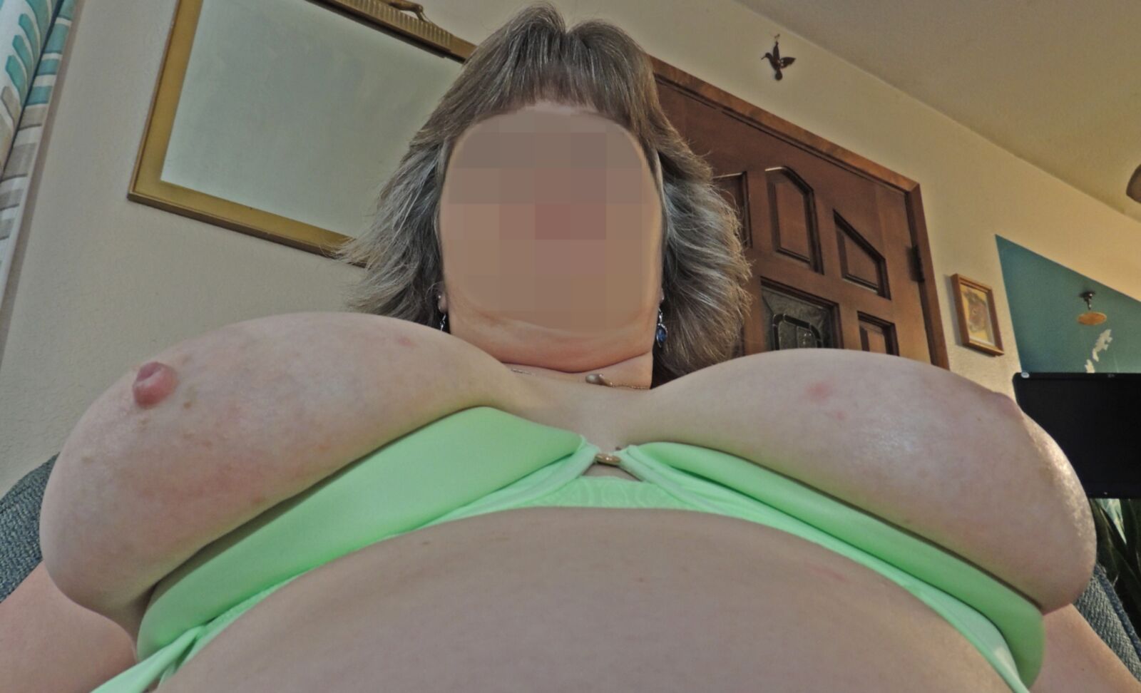 Stacked BBW Whore Displays Her Fat Milkers In Green Bra