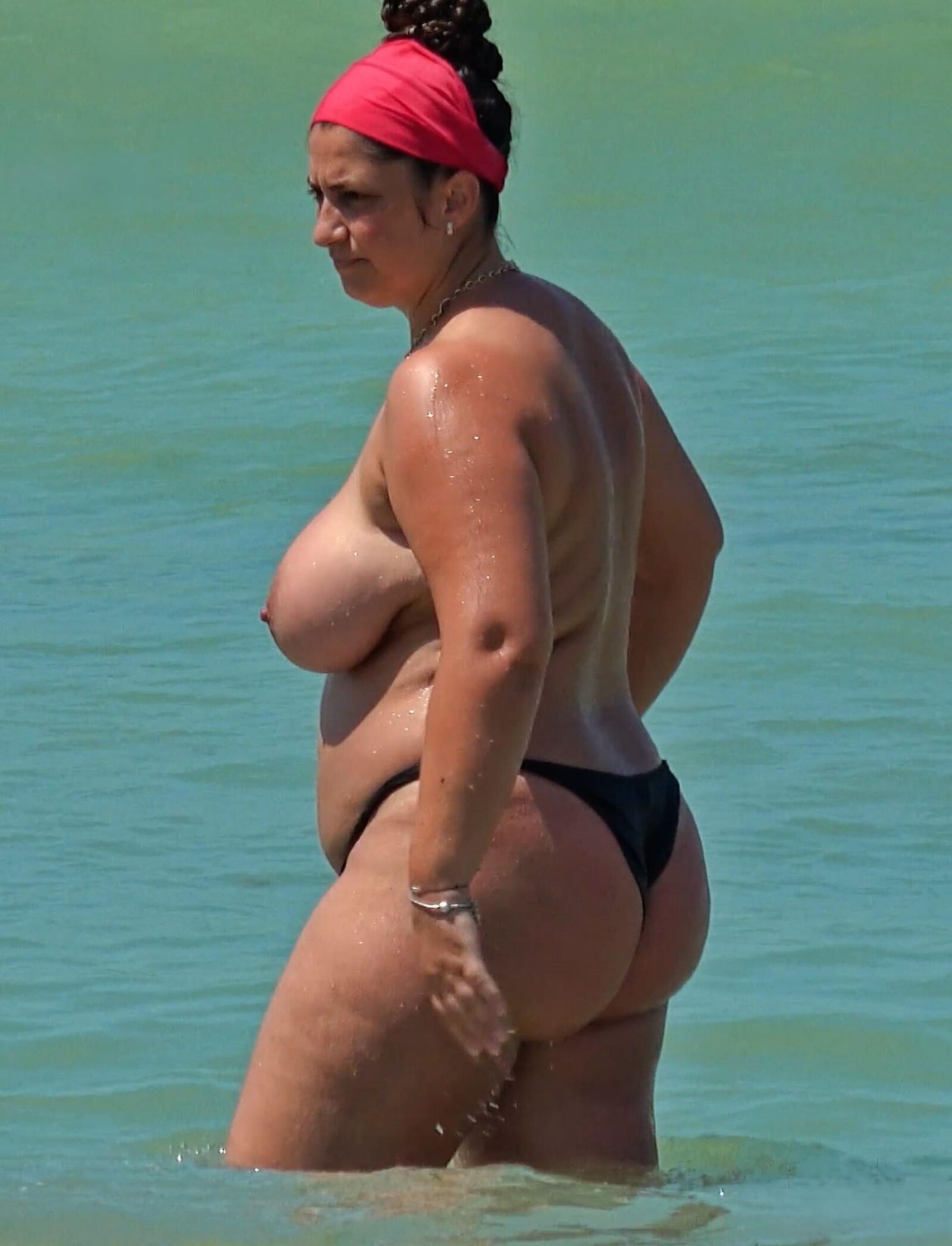 Topless BBW Beach Babe with Huge Tanks! ()