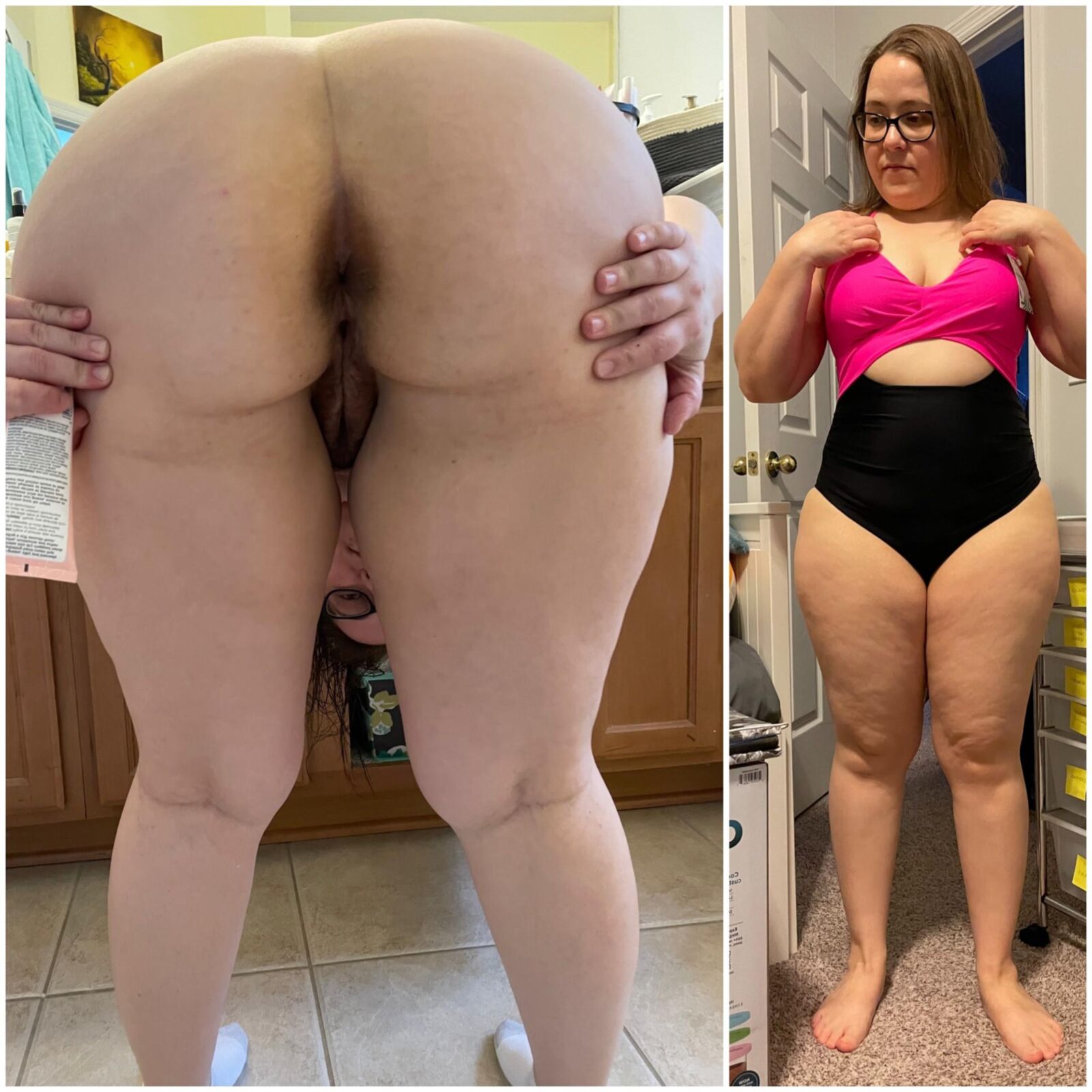 Fat ass unaware wife trying on bathing suits 