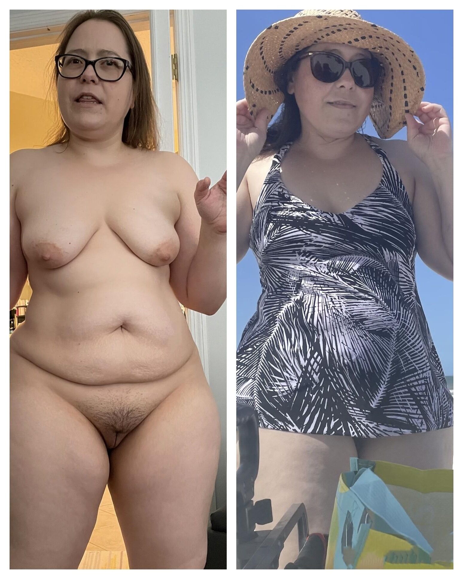 Fat ass unaware wife trying on bathing suits 