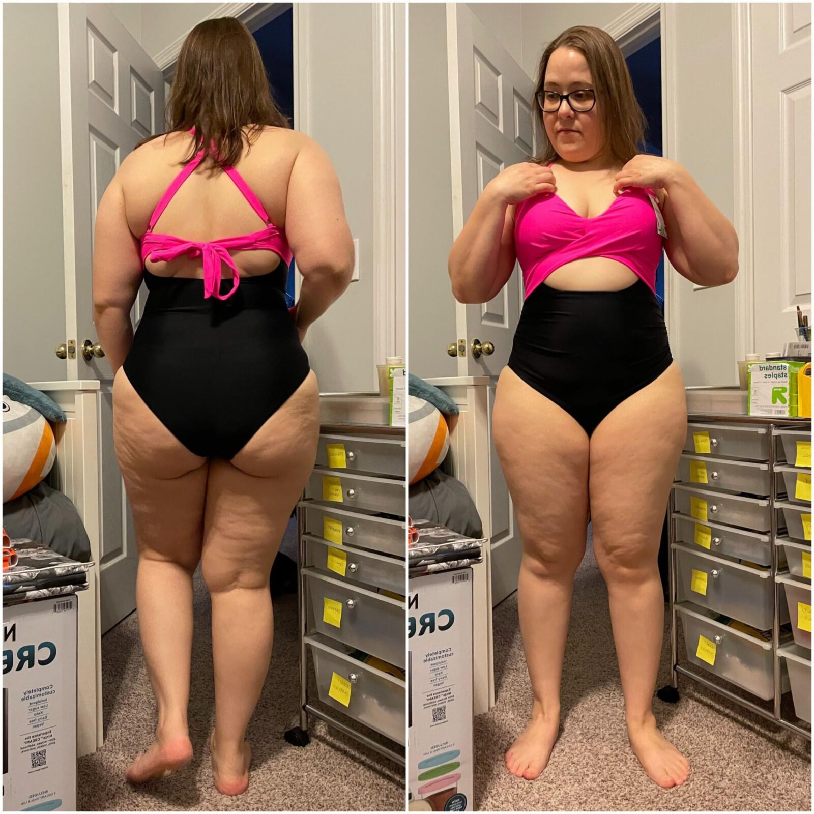 Fat ass unaware wife trying on bathing suits 