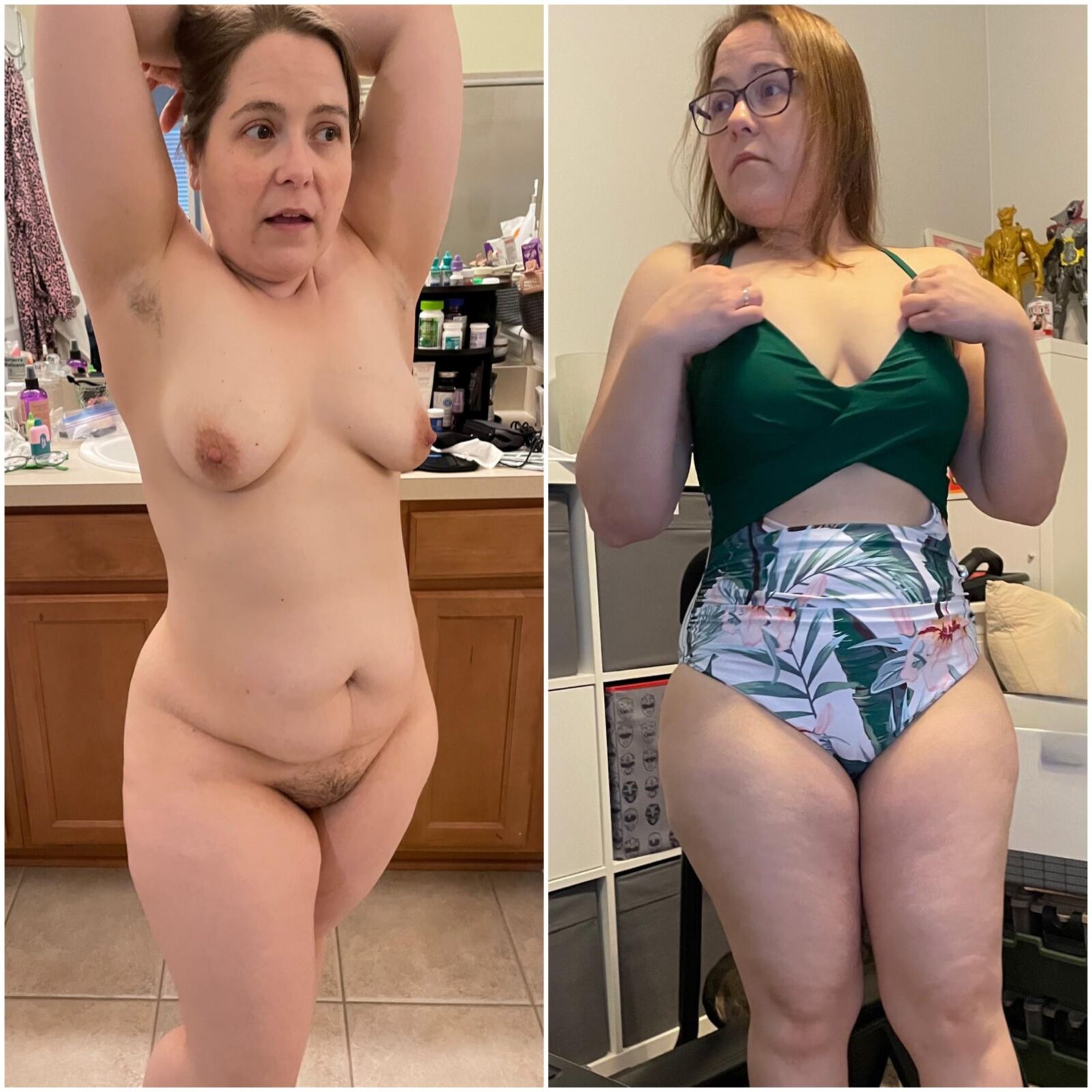 Fat ass unaware wife trying on bathing suits 