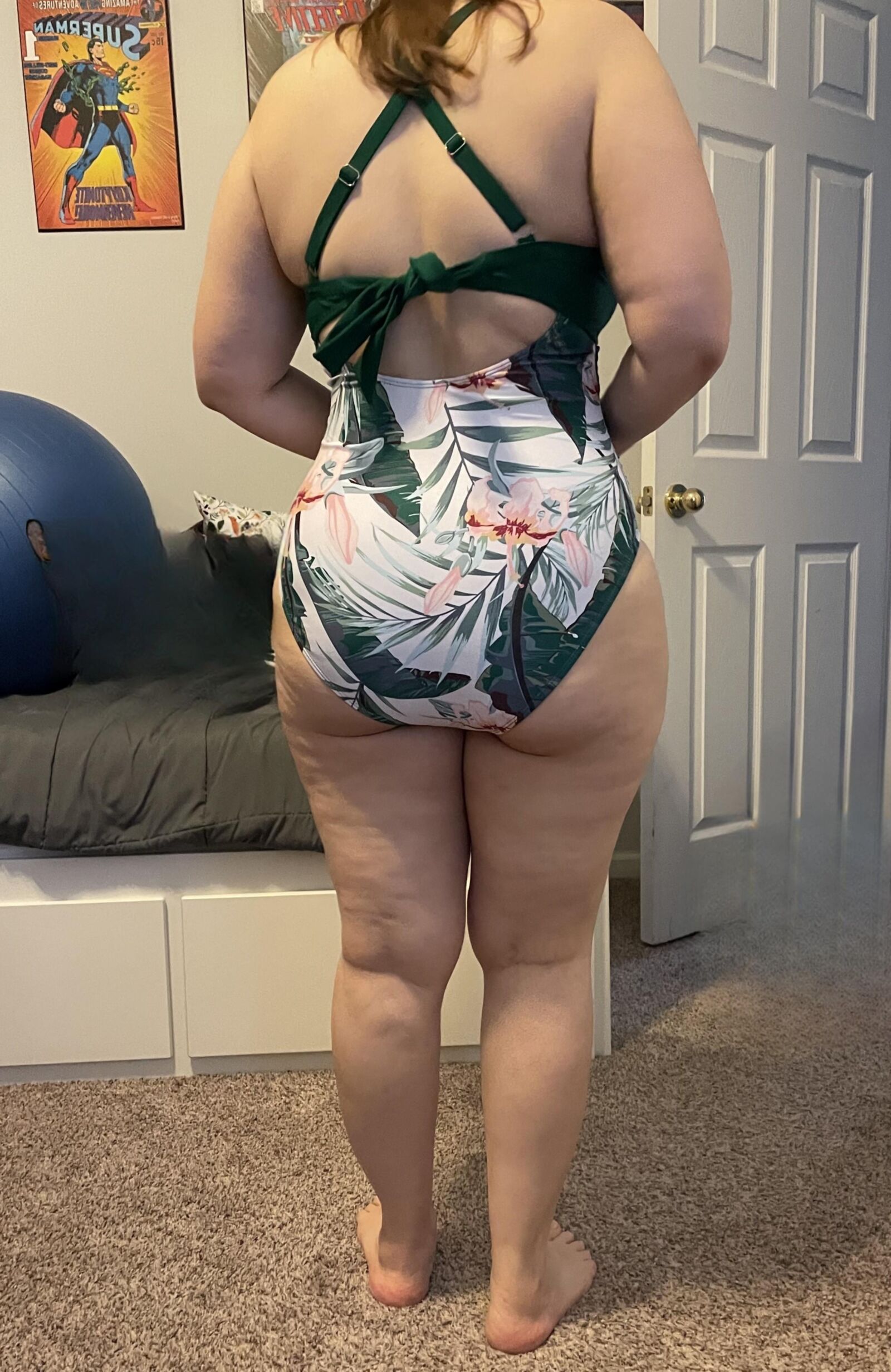 Fat ass unaware wife trying on bathing suits 